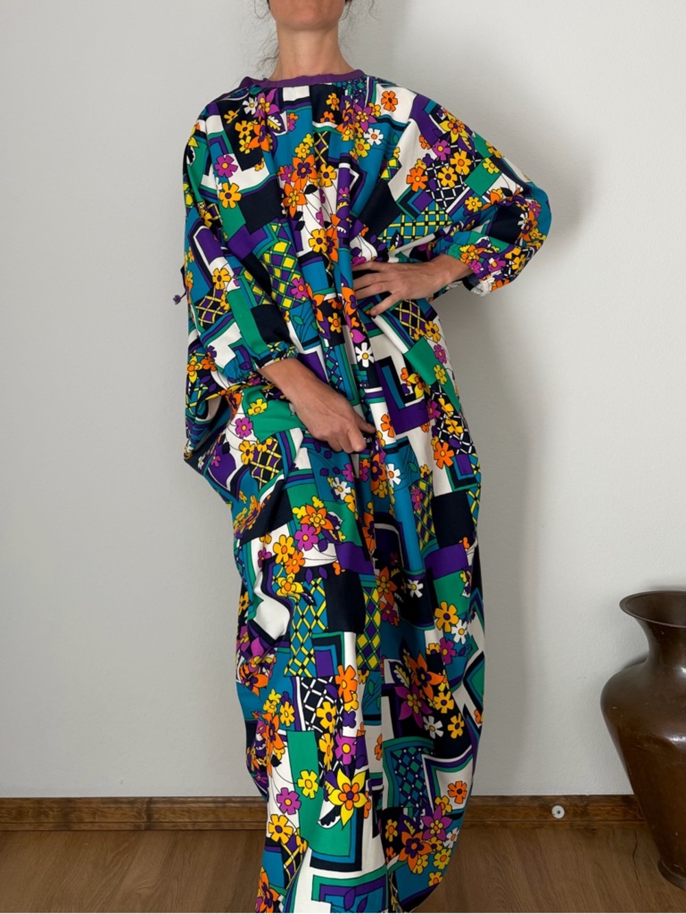 Vintage Japanese Smock Teal Purple Floral Geometric Maxi Dress